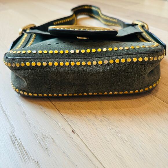 Tory Burch Sawyer Small Suede Shoulder Bag Green Gold Stud Buckle Purse - Picture 5 of 11